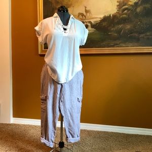 Pinstripe Casual Pants Cotton Ankle Cargo Elastic Waist Unisex Beachcomber Large